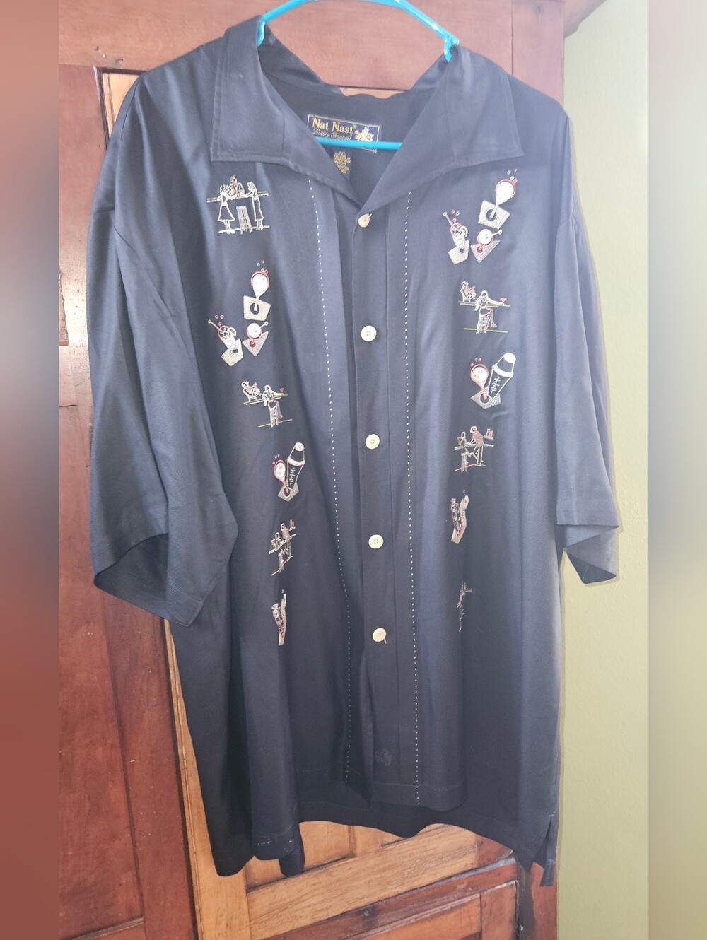 Nat Nast Black Embroidered Men's Button-Down Bowling Shirt